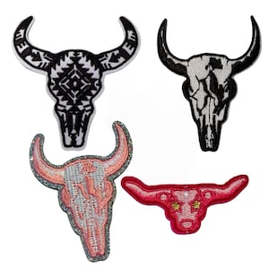 May include: Set of four embroidered iron-on patches featuring different styles of bull skulls. The patches are black, white, pink, and red.