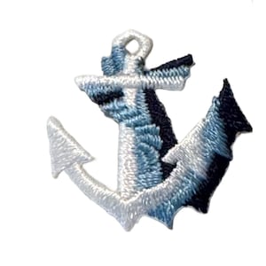 May include: A white and blue embroidered anchor patch. The anchor is a nautical symbol of hope and stability.