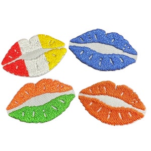 May include: Four embroidered iron-on patches in the shape of lips. The lips are white with a red, yellow, blue, and orange outline.