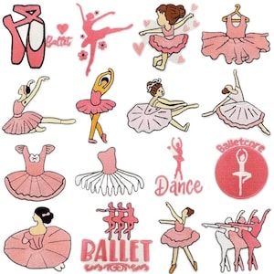 May include: A collection of pink and white embroidered patches with ballet-themed designs. The patches include ballet shoes, ballerinas in various poses, tutus, and the words "Ballet," "Dance," and "Balletcore."