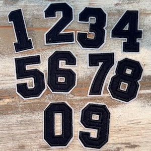 May include: A collection of navy blue felt numbers, ranging from 1 to 9 and 0, with a white border. The numbers are in a collegiate font style, perfect for crafting or customizing apparel. The numbers are arranged on a light wood-grain surface.