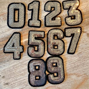 May include: A set of ten individual number patches from zero to nine, each featuring silver sequins arranged on a black fabric backing. The numbers are displayed in a grid-like arrangement, showcasing the reflective texture of the sequins.