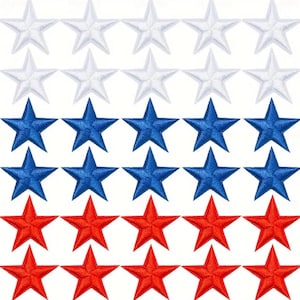 May include: Rows of embroidered star patches in red, white, and blue. The stars are arranged in a pattern reminiscent of a flag, with white stars at the top, blue stars in the middle, and red stars at the bottom. Each star has five points.