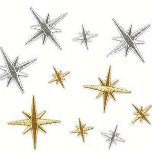 May include: Assortment of gold and silver star-shaped iron-on patches. The patches are perfect for adding a touch of sparkle to clothing, bags, or other fabric items.