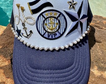 New! Nautical Sailboat Themed Trucker Hat Nautical Sailboat Themed Trucker Hats – The Barron Boutique main image 3