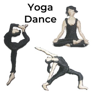 May include: Three black embroidered iron-on patches depicting yoga poses. The text "Yoga Dance" is above the patches.