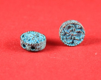 2/1 MADE in GREECE 2 Mykonos green patina flat floral beads, round two hole spacer, earrings component (X3239ACG) qty 2