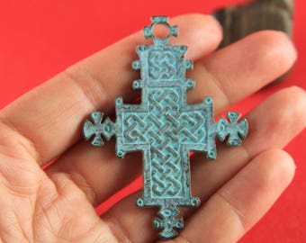 2/6  MADE in GREECE  Mykonos green patina cross pendant, green patina cross pendant (X1855ACG) Qty1