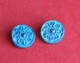 2/1 MADE in GREECE 2 Mykonos green patina flat floral beads, round spacer, earrings component (X3263ACG) qty 2