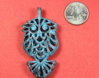 1/6 on SALE!!! MADE in GREECE owl pendant, large owl pendant, green patina owl, green patina pendant, mykonos owl (x5974acg)