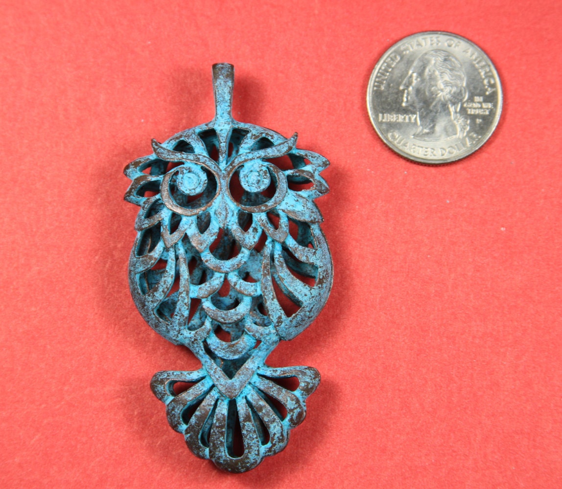1/6 on SALE!!! MADE in GREECE owl pendant, large owl pendant, green patina owl, green patina pendant