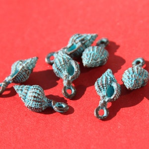 May include: Several small, turquoise-colored seashell charms with a bronze-colored finish are scattered on a red background. Each charm has a loop for attaching to jewelry or other crafts. The charms have a textured surface.