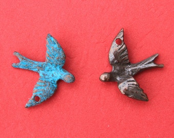 0050>>MADE in GREECE 2 Mykonos swallow pendants, mykonos bird pendant, copper swallow charm, green patina swallow, silver swallow charm