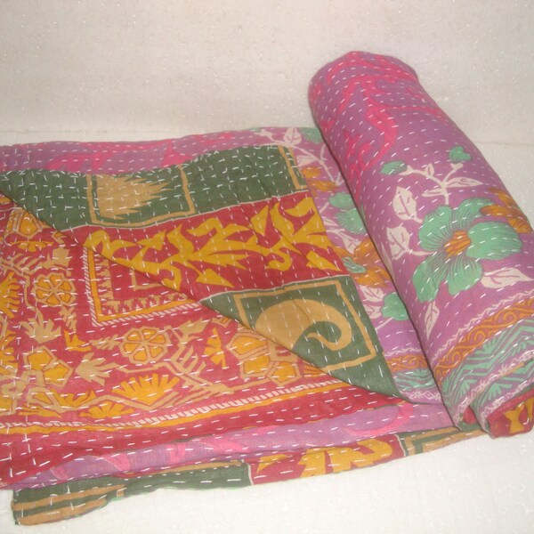 Vintage kantha quilt Bohemian kantha throw blanket Indian reversible floral HandQuilted kantha bedspread Bedding Boho Quilt E2389