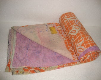 Handmade Vintage Kantha Quilt: Reversible Indian Cotton Throw Blanket