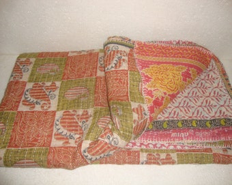 King Size Vintage Kantha Quilt: Reversible Bohemian Bedspread