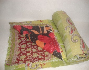 Luxo bonito artesanal retalhos cor kantha trabalho vintage kantha colcha artesanal lance cobertor reversível colcha de algodão
