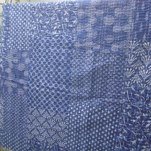 Blue Handmade Indigo kantha Quilt, Indian Cotton handblock Print throw, bedspread, bedding, bohemian, sofa cover, blanket, soft AC bedcover