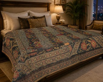 Handmade Bohemian Kantha Quilt, Vintage Hand-Stitched Cotton Bedspread, Twin Size