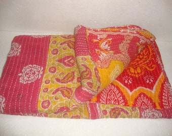 Vintage Indian Kantha Quilt: Reversible Cotton Bohemian Blanket