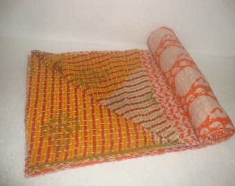Vintage Indian Kantha Quilt Handmade Kantha Blanket Reversible Kantha Throw Cotton Sari Kantha Bedspread Hand Stitched Kantha Throw