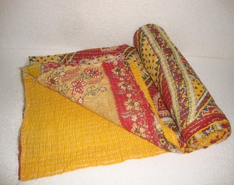Handmade Kantha Quilt, Reversible Vintage Floral Bedspread