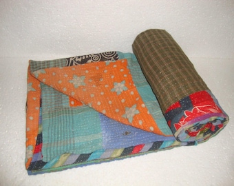 Vintage Kantha Quilt: Reversible Cotton Sari Throw, Boho Bedding