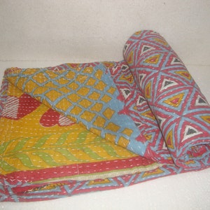 Edredón Kantha vintage indio hecho a mano, ropa de cama kantha india de tamaño doble, lanzamiento kantha de algodón cosido a mano vintage, manta kantha reversible