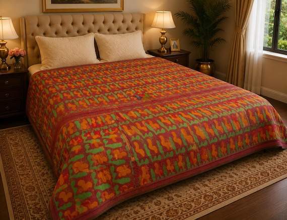 Vintage Handmade Kantha Quilt, Bohemian Bedspread Blanket, Floral Sari Throw