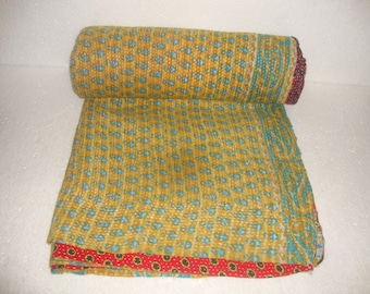 Vintage Kantha Block Print Quilt reversible Kantha Throw Cotton Quilt hecho a mano Kantha Bedspread Kantha Bed cover Edredón cosido a mano