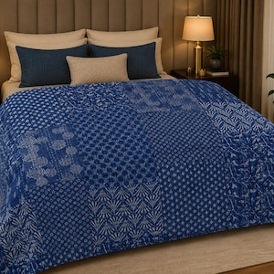 Handgemaakte indigo Kantha quilt, Indiase katoenen sprei, beddengoed, boho deken, quilts te koop