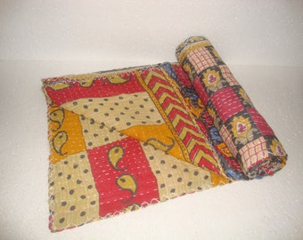 Vintage Silk Sari Patchwork Kantha Quilt, Handmade Indian Bedspread
