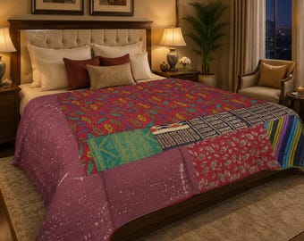 Indian Patchwork Kantha Quilt: Handmade Vintage Bedspread, Bohemian Bedding