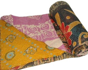 Handmade Bohemian Vintage Kantha Quilt,Twin Size Indian kantha Bedspread,Vintage Hand Stitched Cotton kantha Throw,Reversible kantha Blanket