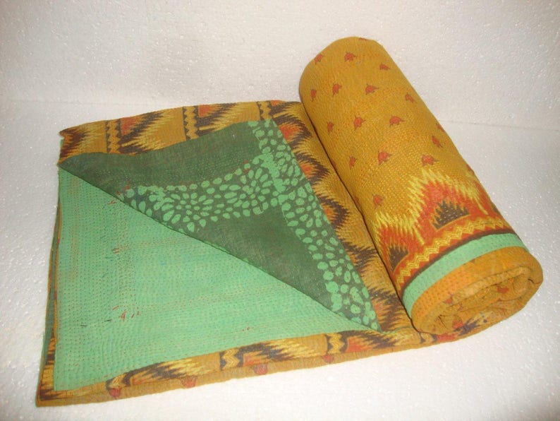 Fine Vintage Kantha Quilt Reversible Cotton Throw Bohemian Bedspread Indian Quilt Bedding E1401