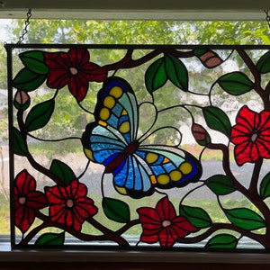 Stained Glass Butterfly with Flowers