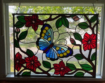 Stained Glass Butterfly with Flowers