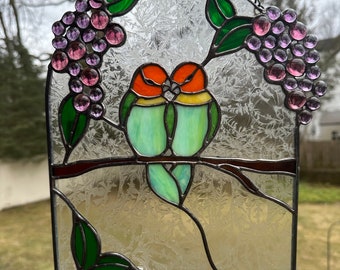 Stained Glass Two Love Birds in a Vineyard