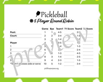 5-osobowy Pickleball Round Robin - Wydrukuj arkusz wyników Pickleball - 10 unikalnych gier