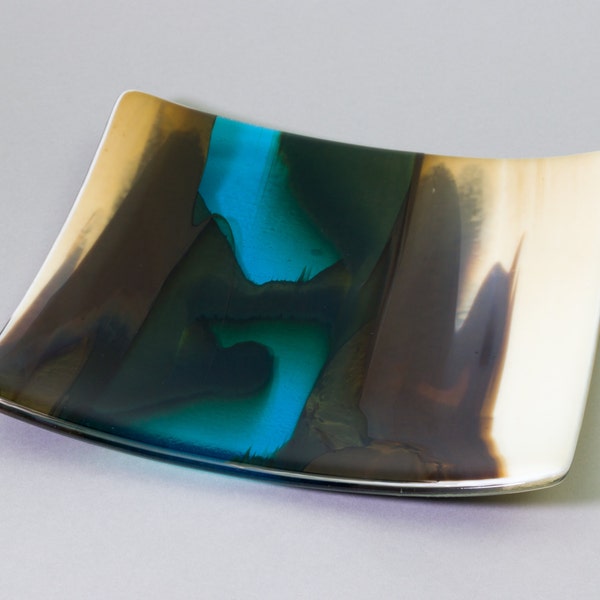 Fused Glass Plate : Handmade Glass Art Dish with Turquiose, Vanilla, Browns, and Warm White Art Glass with Display Stand