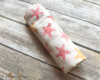 Starfish Swaddle Blanket- Double Gauze- Muslin Blanket- Baby Girl- Receiving Blanket- Nautical