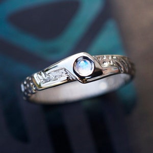 14k mens white gold ring, Mens engagement ring Moonstone ring Mens wedding band Alternative engagement ring for men Unique mens ring &quot;LUKE&quot;