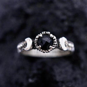 Triple moon ring, gothic engagement ring, crescent moon ring, moon and star ring, Black Onyx ring "Laluna" Ready to ship