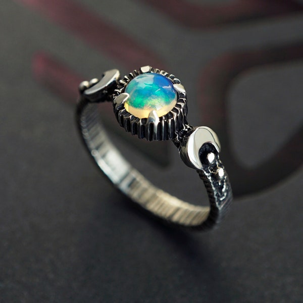 Opal Moon ring Opal engagement ring from the Sterling silver Triple Goddess ring Crescent moon ring "LaLuna" October birthstone