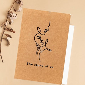Może przedstawiać: Brązowa kartka z czarnym rysunkiem dwóch twarzy, jedna nad drugą, z tekstem "The story of us" pod rysunkiem.