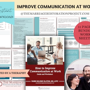 May include: A red and white digital download guide and worksheet titled "How to Improve Communication at Work" with a photo of people in a meeting. The guide is created by a therapist and includes 11 pages of worksheets.