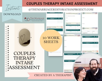 May include: A teal and white printable couples therapy intake assessment workbook with 10 worksheets. The cover features a pen drawing a heart in a circle. The text "COUPLES THERAPY INTAKE ASSESSMENT" is in large, bold letters. The text "CREATED BY A THERAPIST" is at the bottom of the page. The text "@THEMARRIAGERESTORATIONPROJECT.COM" is at the top of the page.