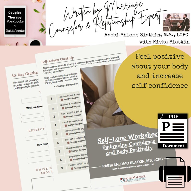 Body Image Positivity Self Esteem Therapy Worksheets: Self-love Journal ...