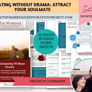 May include: A bundle of worksheets and a guide titled "A Relationship Without Drama" with the text "Dating Without Drama: Attract Your Soulmate." The guide is by Rabbi Shlomo Slatkin. The image also includes the text "Instant Download."