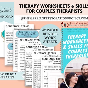 May include: A blue and white booklet with the title "Therapy Worksheets & Skills for Couples Therapists" and the text "42 Pages Bundle Work Sheets" on the cover. The booklet is open to reveal worksheets with sentence stems for couples therapy.